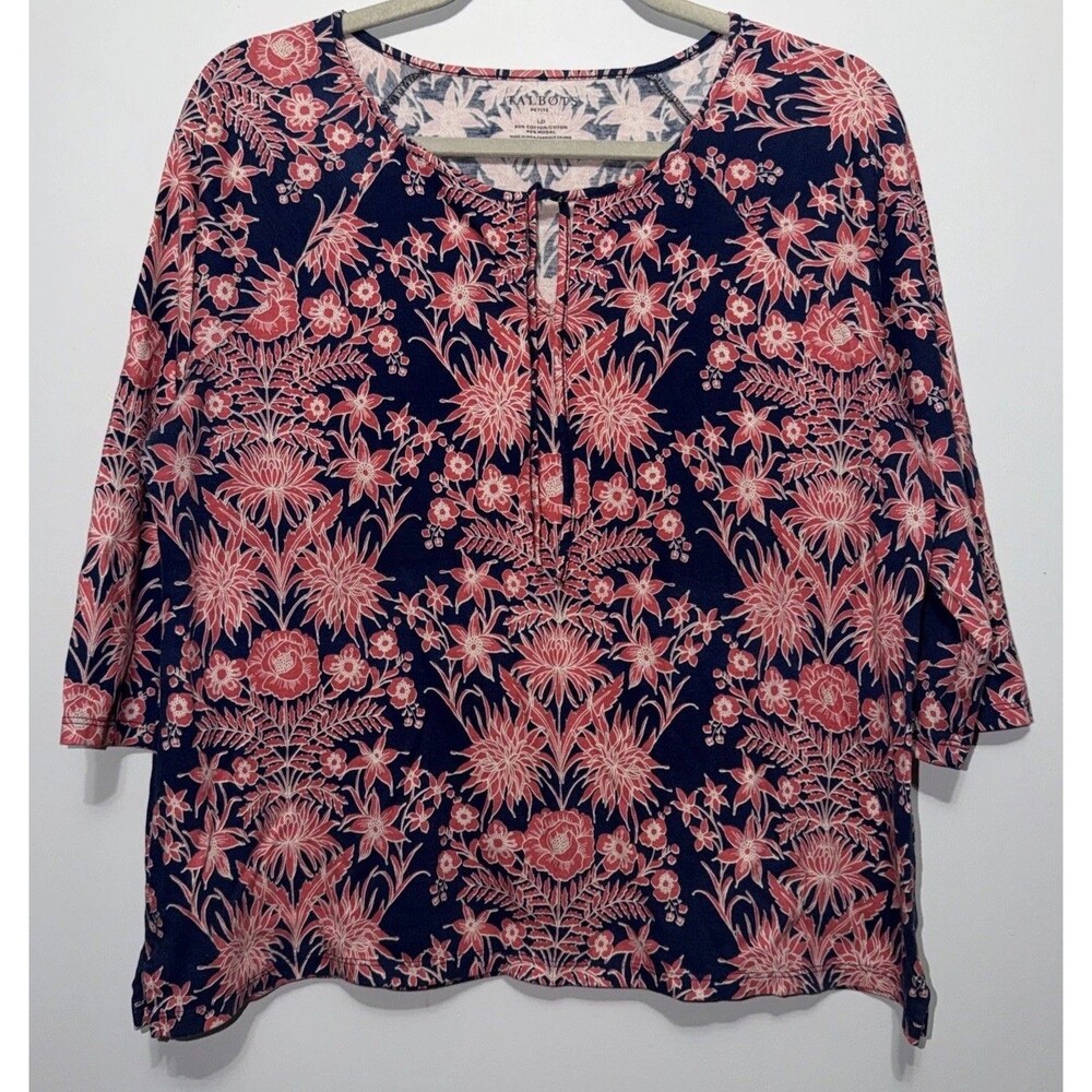 Talbots Womens Top Size Large Petite Blue Pink Floral Neck Tie Keyhole Blouse